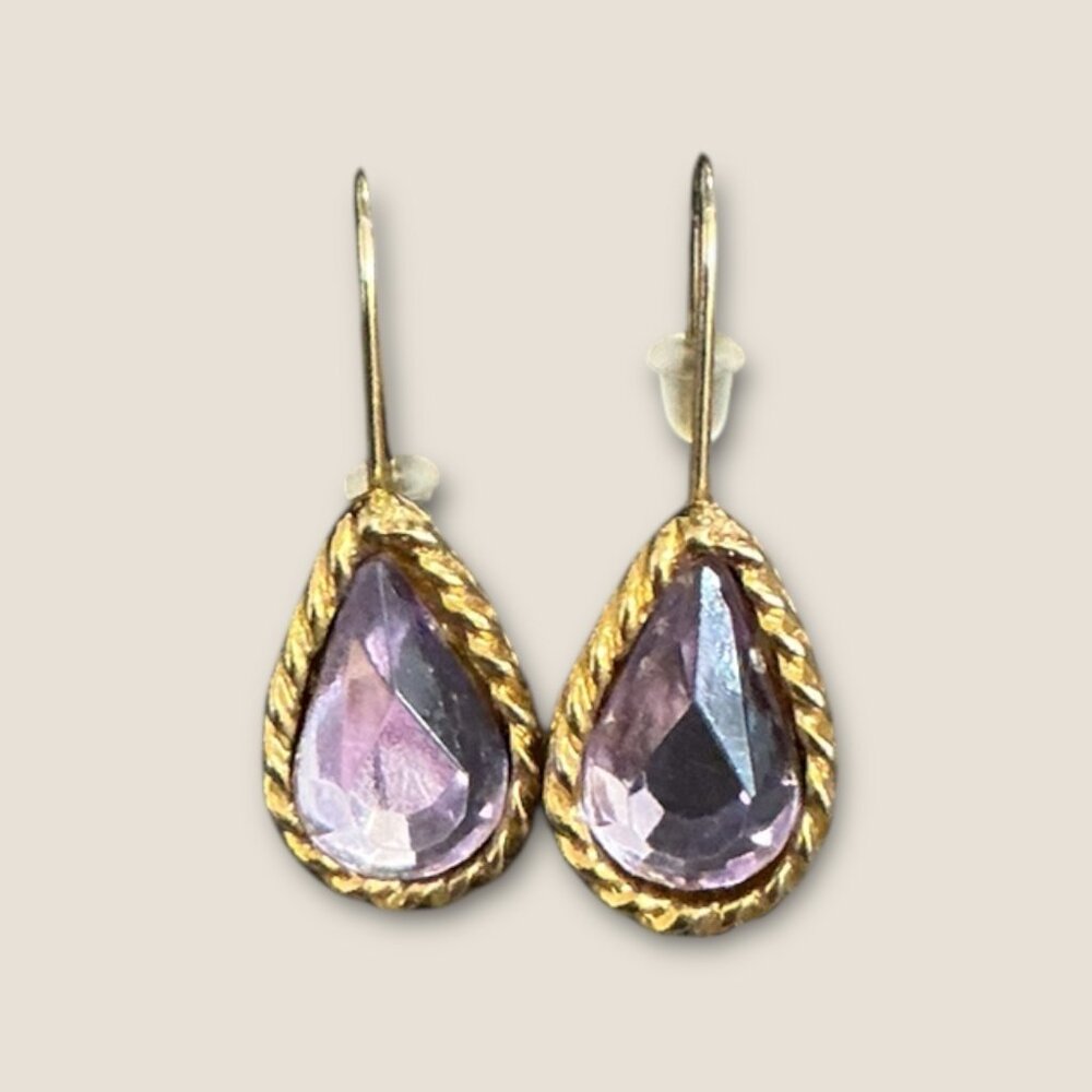 Vintage Jewelry Gold-Tone Teardrop Earrings With Purple Faceted Stones
